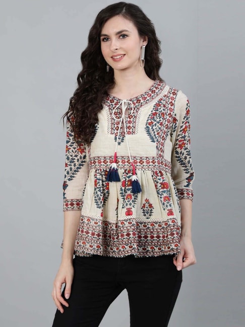 Ishin Beige Pure Cotton Embellished Top Price in India