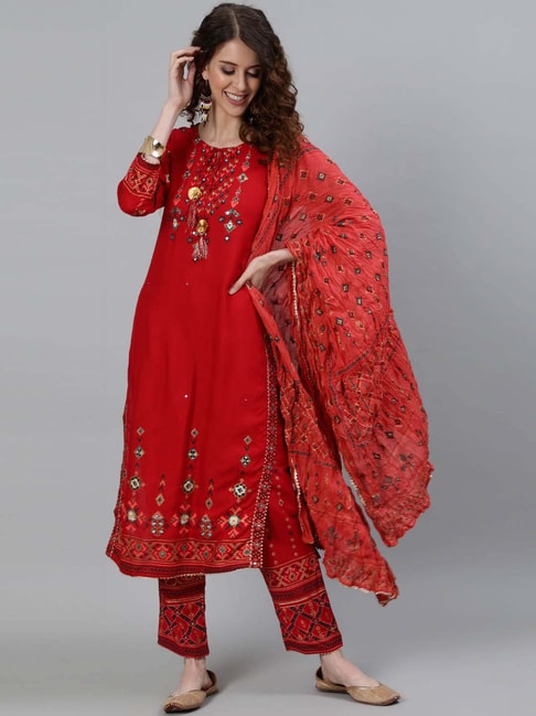 Ishin Red Printed Kurta Pant Set With Dupatta Price in India