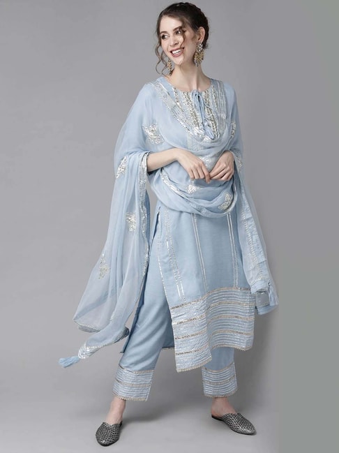 Ishin Blue Embroidered Kurta Pant Set With Dupatta Price in India