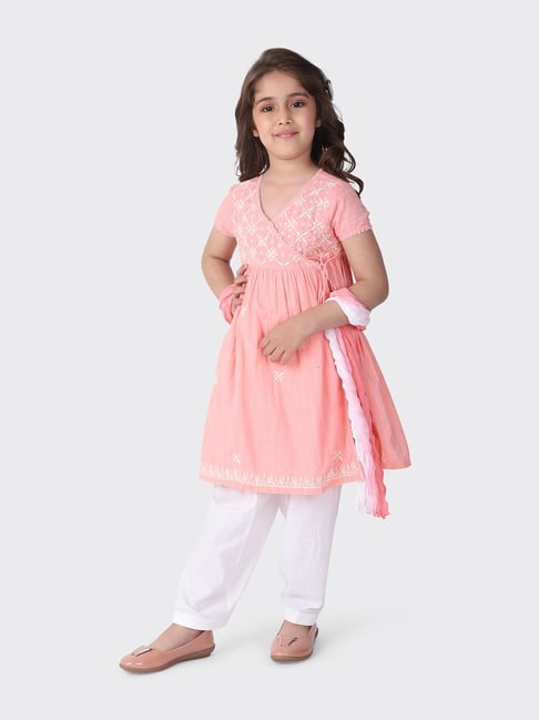 Buy Fabindia Kids Pink Embroidered Suit Set With Dupatta for Girls
