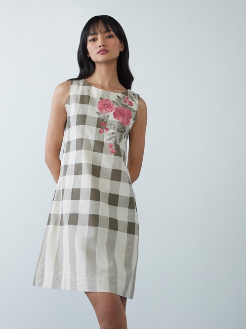 Bombay Paisley by Westside Beige Checkered Shift Dress Price in India
