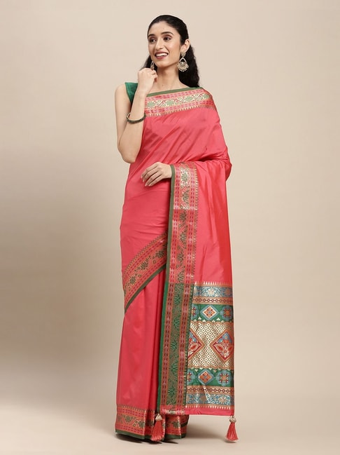 Buy Sangam Prints Beige & Red Silk Woven Saree With Unstitched Blouse for  Women Online @ Tata CLiQ
