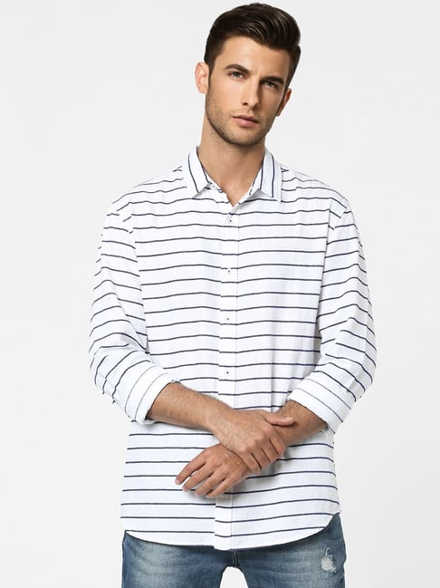 Jack & Jones White Cotton Slim Fit Striped Shirt