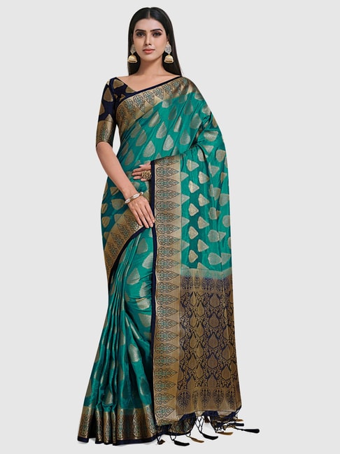 Mimosa Teal Green Silk Woven Saree With Unstitched Blouse Price in India