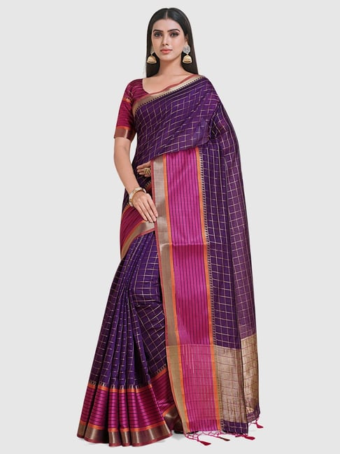 Mimosa Purple Silk Checks Saree With Unstitched Blouse Price in India