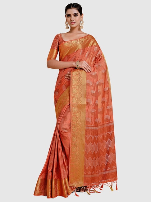 Mimosa Orange Silk Woven Saree With Unstitched Blouse Price in India