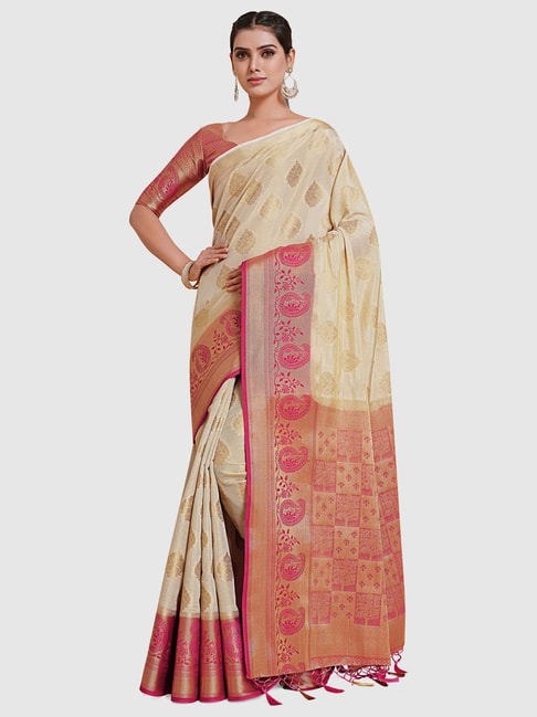 Mimosa Off-White Silk Woven Saree With Unstitched Blouse Price in India