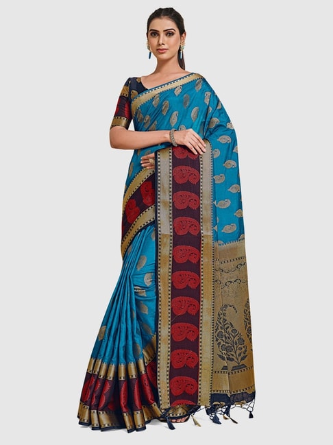 Mimosa Blue Silk Woven Saree With Unstitched Blouse Price in India