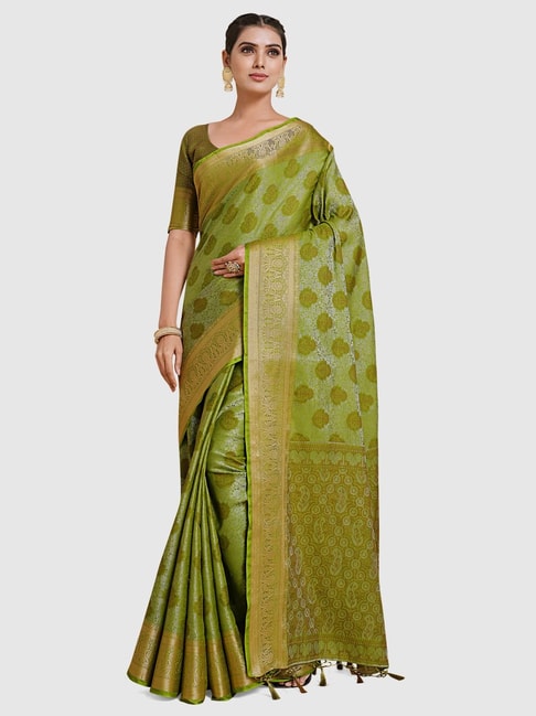 Mimosa Olive Green Silk Woven Saree With Unstitched Blouse Price in India