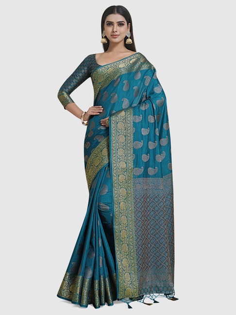 Mimosa Teal Blue Silk Woven Saree With Unstitched Blouse Price in India