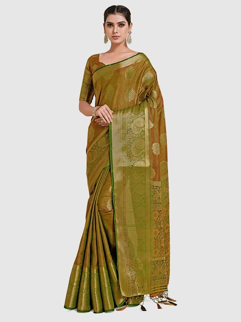 Mimosa Green & Rust Silk Woven Saree With Unstitched Blouse Price in India