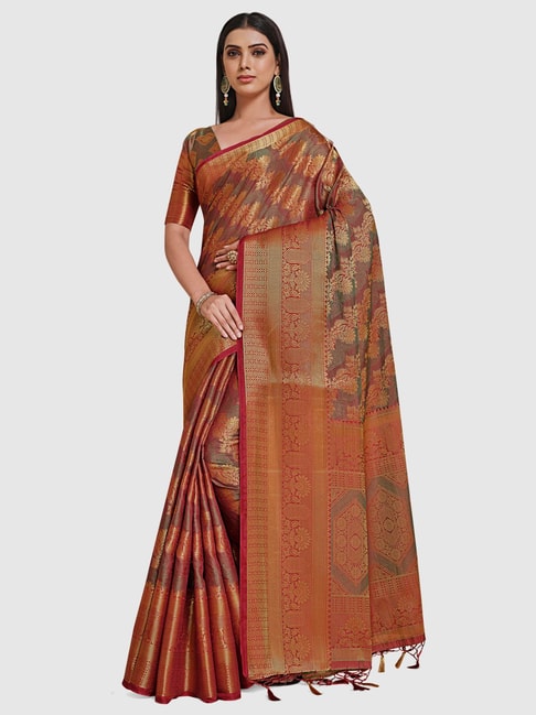 Mimosa Maroon Silk Woven Saree With Unstitched Blouse Price in India