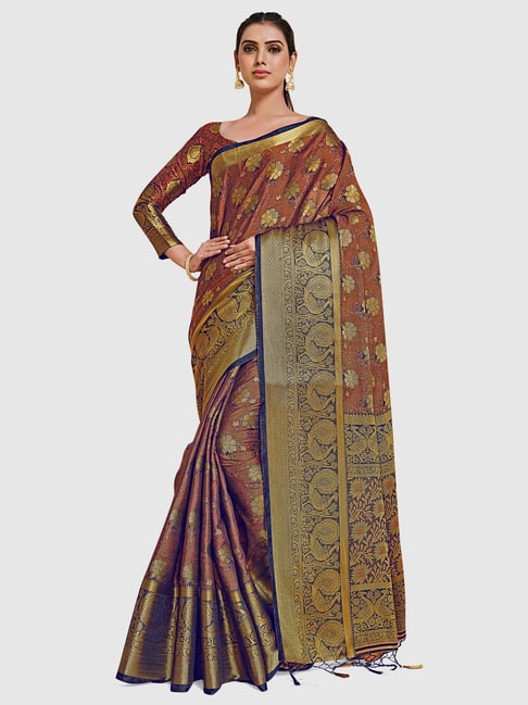 Mimosa Navy & Rust Silk Woven Saree With Unstitched Blouse Price in India