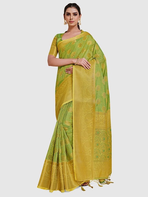 Mimosa Yellow & Green Silk Woven Saree With Unstitched Blouse Price in India