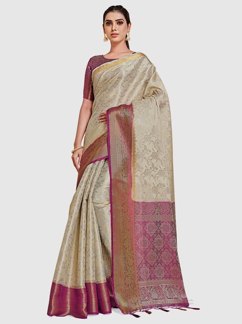 Mimosa Off-White Silk Woven Saree With Unstitched Blouse Price in India