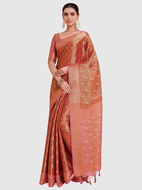 Mimosa Rust Silk Woven Saree With Unstitched Blouse Price in India