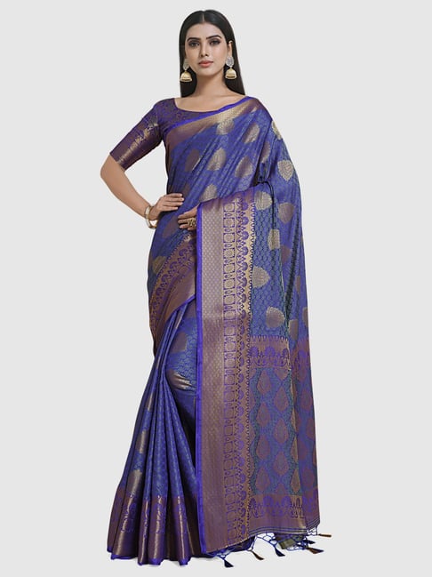 Mimosa Blue Silk Woven Saree With Unstitched Blouse Price in India