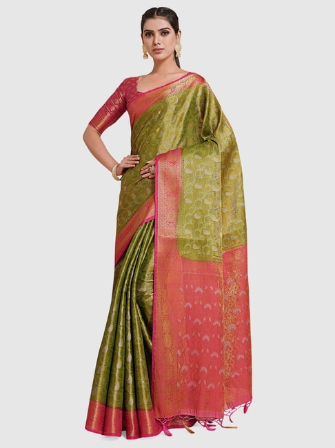 Mimosa Olive Green Silk Woven Saree With Unstitched Blouse Price in India