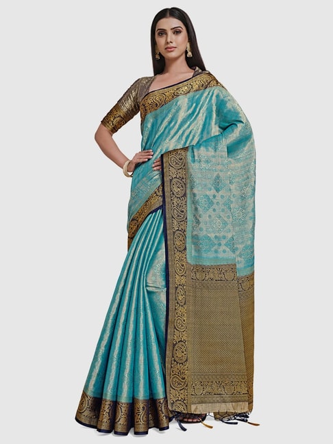 Mimosa Sky Blue Silk Woven Saree With Unstitched Blouse Price in India