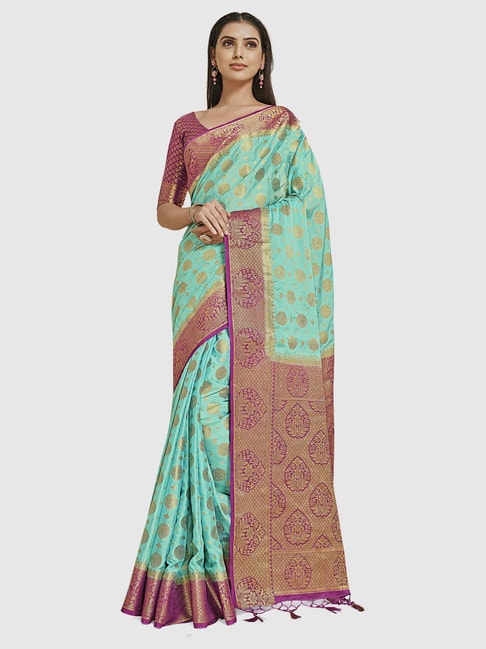 Mimosa Turquoise Woven Saree With Unstitched Blouse Price in India