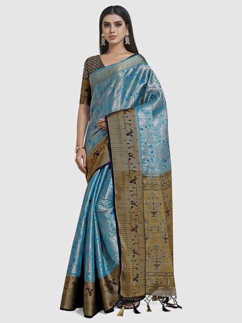 Mimosa Blue Silk Woven Saree With Unstitched Blouse Price in India