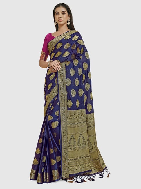 Mimosa Navy Woven Saree With Unstitched Blouse Price in India