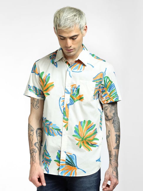 Jack & Jones White Cotton Regular Fit Printed Shirt