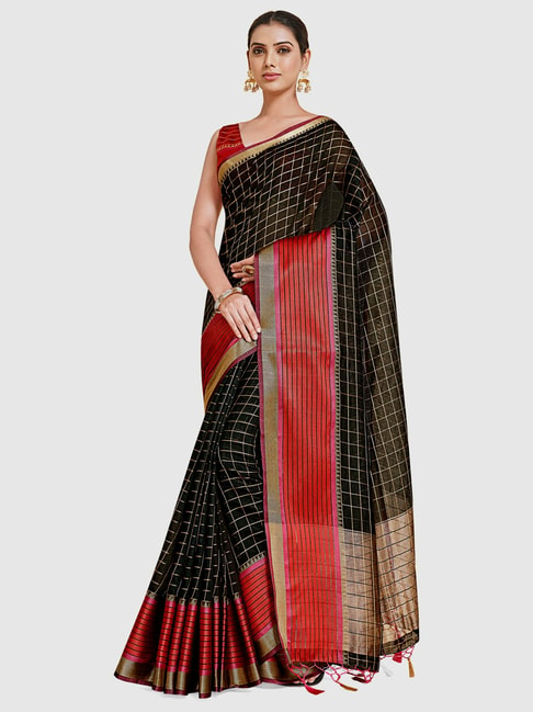 Mimosa Black Silk Checks Saree With Unstitched Blouse Price in India
