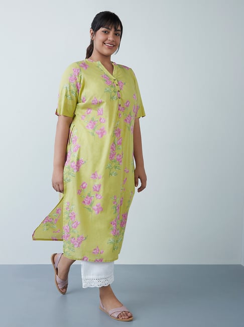 Diza Curves by Westside Lime Floral Straight Kurta Price in India