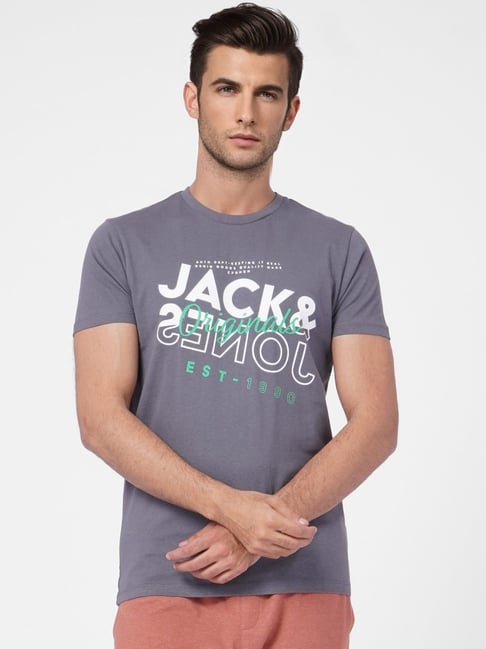 Jack & Jones Grey Cotton Slim Fit Printed T-Shirt