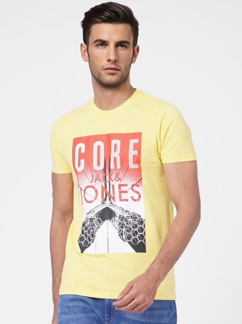 Jack & Jones Yellow Cotton Slim Fit Printed T-Shirt