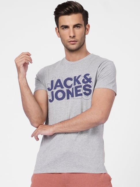 Jack & Jones Grey Cotton Slim Fit Printed T-Shirt