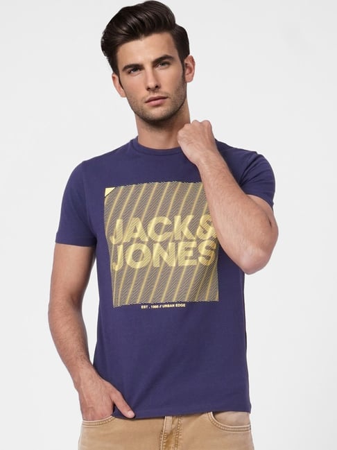 Jack & Jones Blue Cotton Slim Fit Printed T-Shirt