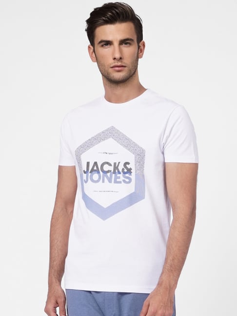 Jack & Jones White Cotton Slim Fit Printed T-Shirt