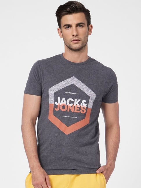 Jack & Jones Grey Cotton Slim Fit Printed T-Shirt