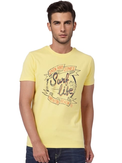 Jack & Jones Yellow Cotton Slim Fit Printed T-Shirt