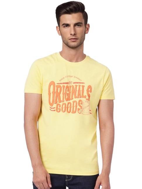 Jack & Jones Yellow Cotton Slim Fit Printed T-Shirt