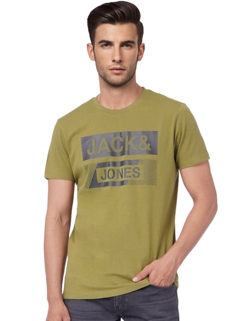 Jack & Jones Green Cotton Slim Fit Printed T-Shirt