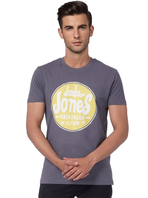 Jack & Jones Grey Cotton Slim Fit Printed T-Shirt