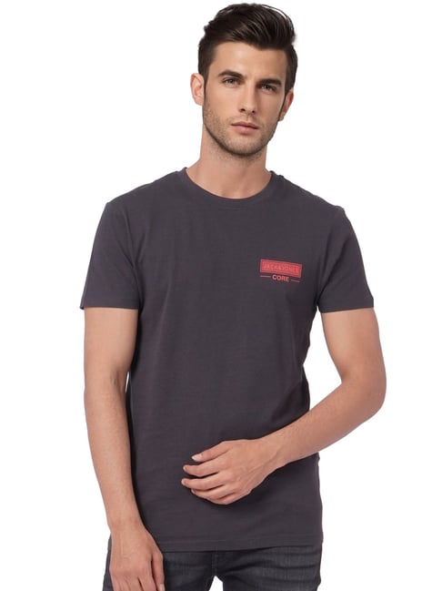 Jack & Jones Grey Cotton Slim Fit Printed T-Shirt