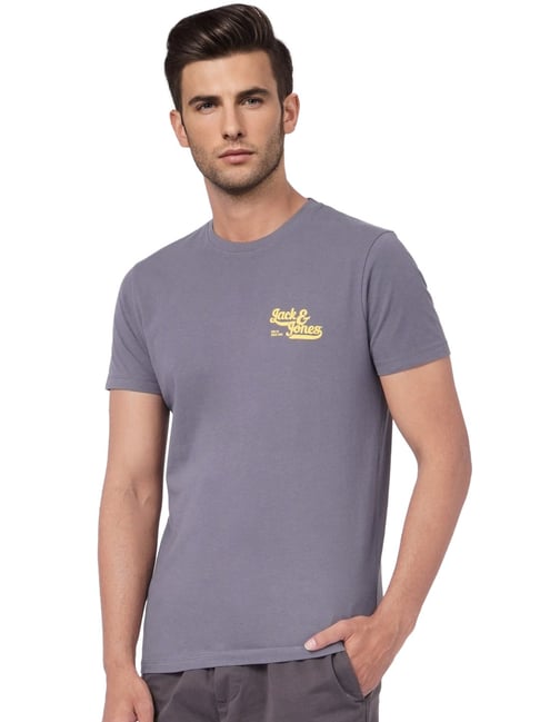 Jack & Jones Grey Cotton Slim Fit Printed T-Shirt