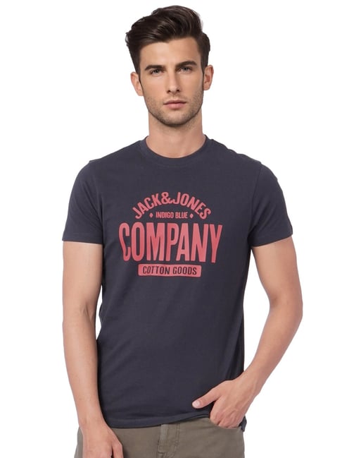 Jack & Jones Black Cotton Slim Fit Printed T-Shirt