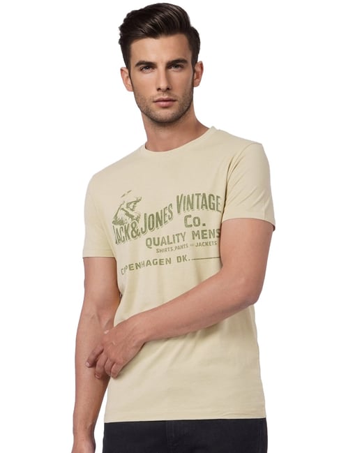 Jack & Jones Beige Cotton Slim Fit Printed T-Shirt