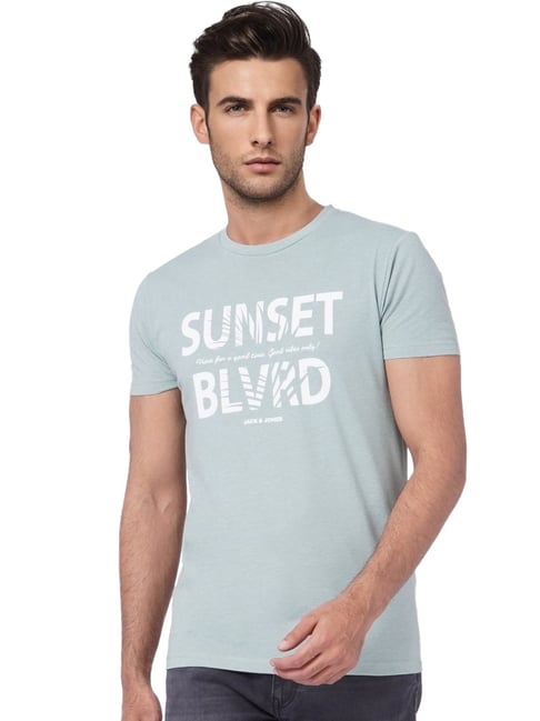 Jack & Jones Grey Cotton Slim Fit Printed T-Shirt