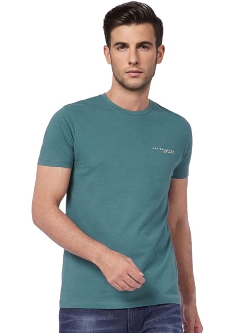 Jack & Jones Green Cotton Slim Fit Printed T-Shirt