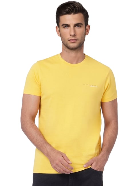 Jack & Jones Yellow Cotton Slim Fit Printed T-Shirt