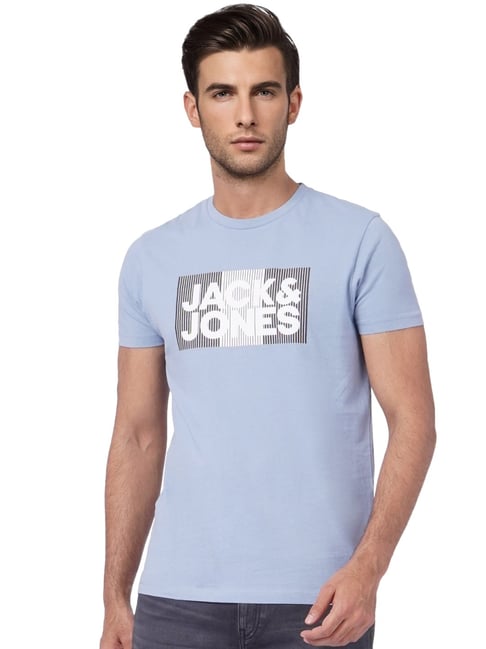 Jack & Jones Blue Cotton Slim Fit Printed T-Shirt