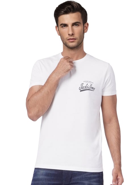 Jack & Jones White Cotton Slim Fit Printed T-Shirt