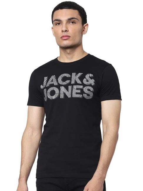 Jack & Jones Black Cotton Slim Fit Printed T-Shirt