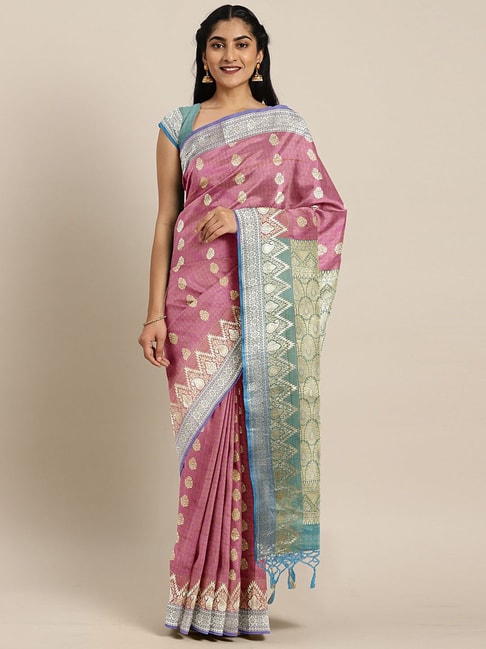 The Chennai Silks Pink & Green Woven Saree With Unstitched Blouse Price in India